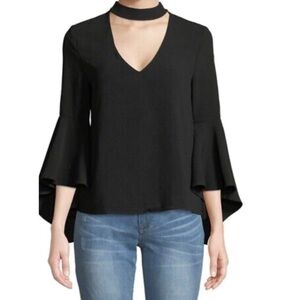 MISSGUIDED CHOCKER NECK BELL SLEEVES BACK ZIPPER BLACK BLOUSE IN SIZE 6
